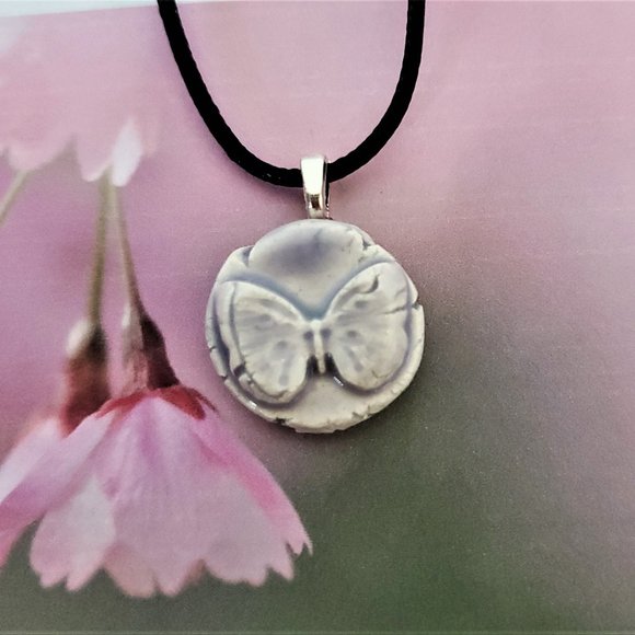 Handmade Ceramic Lilac Butterfly Pendant Necklace - Picture 11 of 12